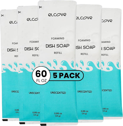 Foaming Dish Soap Refill Eco Friendly (5pk), Concentrated Powder Refills Make 5 Bottles x 12oz each of Non Toxic Dishwashing Soap or Dish Soap Spray, Plastic Free, Septic Safe