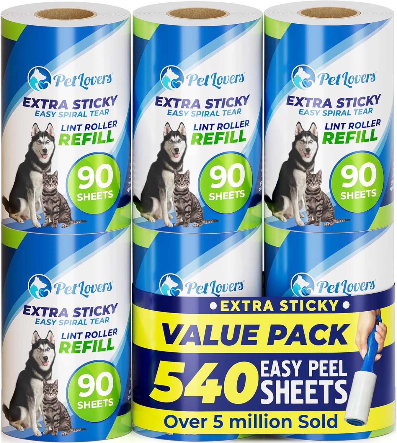 PetLovers Extra Sticky Lint Roller Mega Value Set 450 Sheets for Pet Hair Removal and Clothes, Dog and Cat Lint Remover 5 Pack