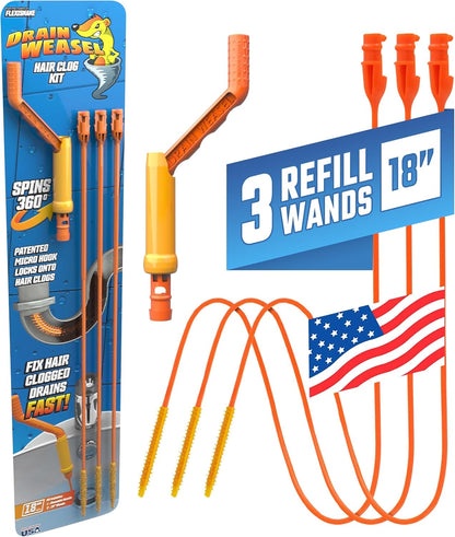 Flexisnake Drain Weasel Hair Clog Remover Kit – Plumbing Snake Auger for Cleaning Shower, Bath Tub, Bathroom Drains with Rotating Handle and 5 Disposable Wands, Made in USA