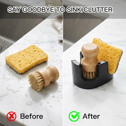 White Marble Sponge Holder for Kitchen Sink, 2-in-1 Sponge & Brush Holder with Raised Edge, 2 Slot Natural Stone Sink Caddy for Countertop, Keeps Countertops Dry, Non-Slip Base, Modern Kitchen Decor