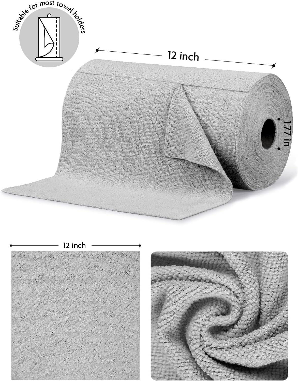 Fantasticlean Microfiber Cleaning Cloth Roll -75 Pack, Tear Away Microfiber Towels, 12" x 12", Reusable, Washable, Scratch Free, Ultra Absorbent Dishcloth for All-Around Cleaning Supplies (White)