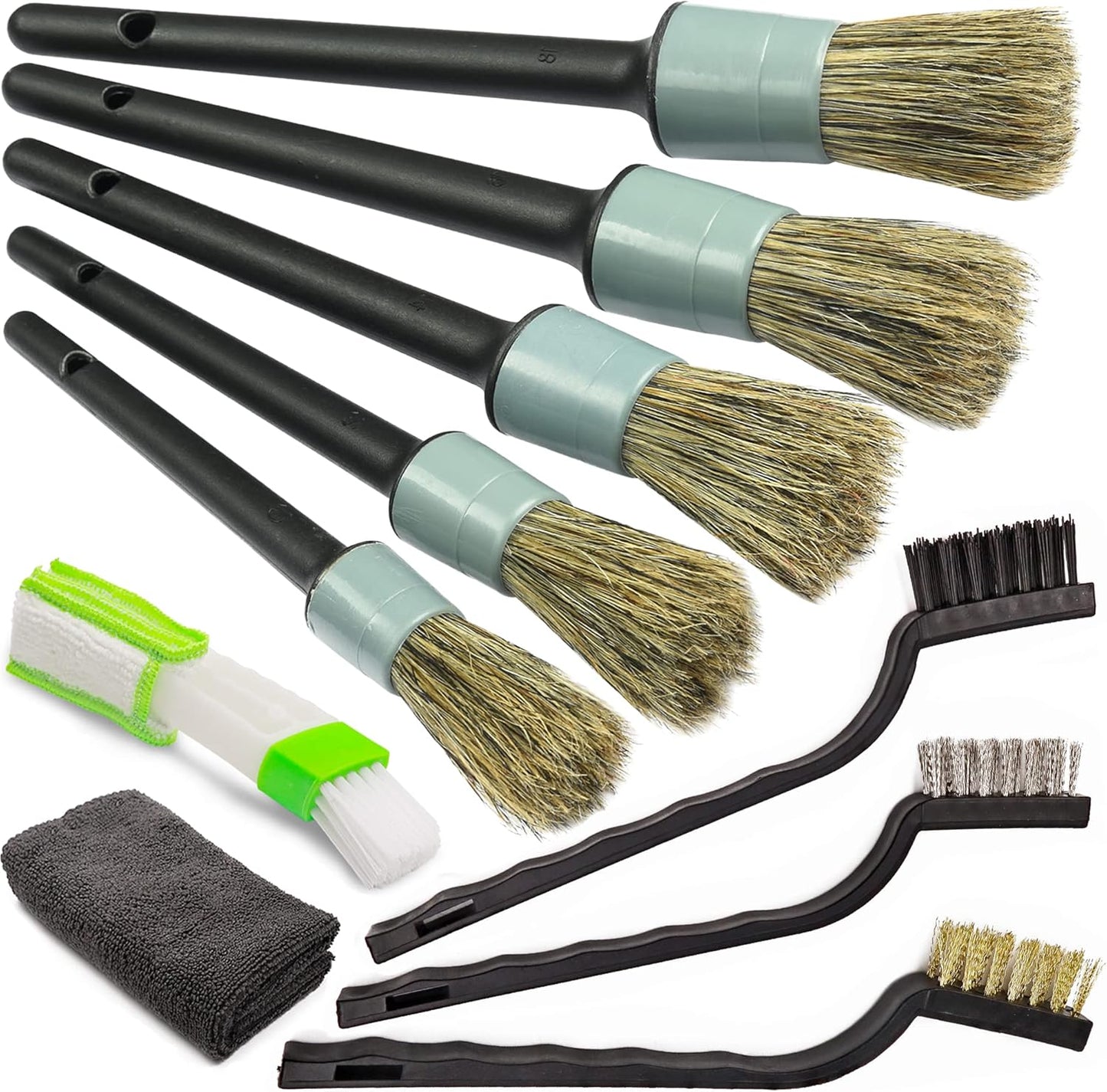 TAKAVU Complete Car Detailing Brush Kit (10 Piece) - Boar Hair Detail, Wire & Vent Brushes with Microfiber Towel for Wheels, Interior, Engine Bay Cleaning