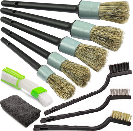 TAKAVU Complete Car Detailing Brush Kit (10 Piece) - Boar Hair Detail, Wire & Vent Brushes with Microfiber Towel for Wheels, Interior, Engine Bay Cleaning