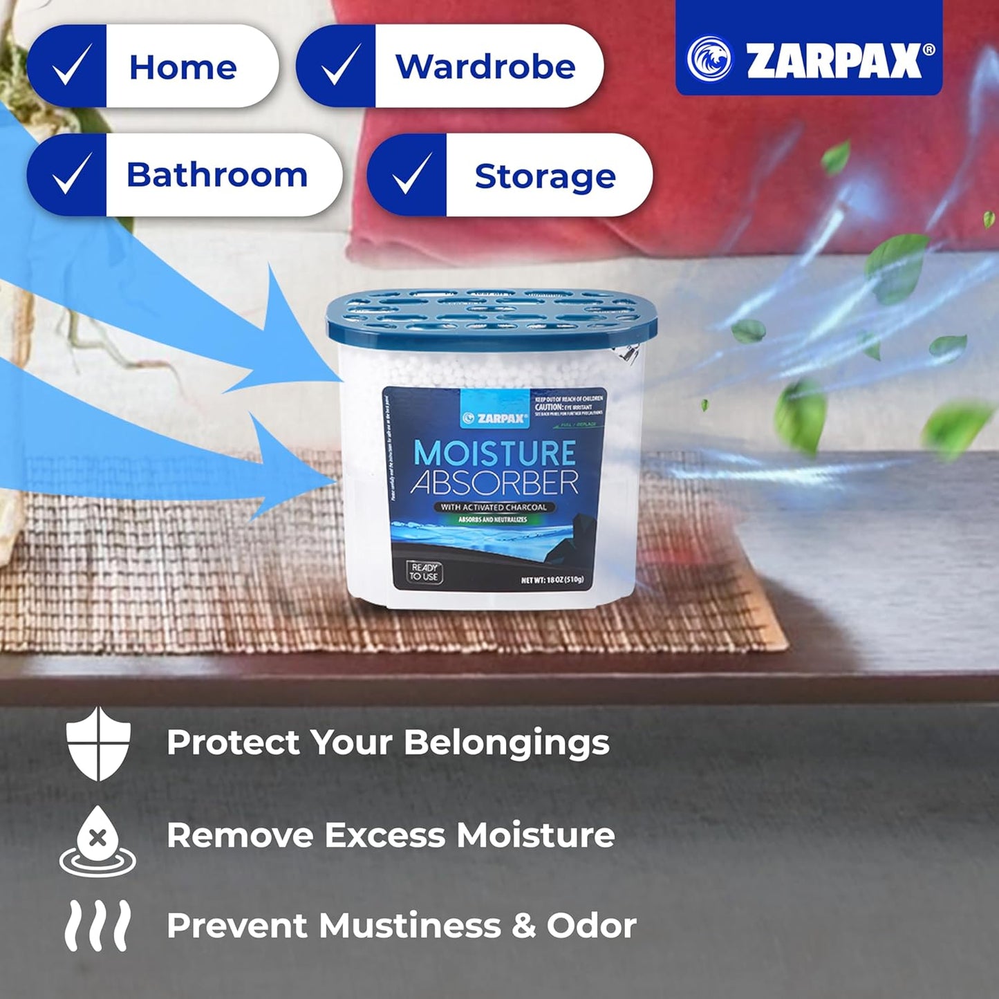 ZARPAX Moisture Absorber Activated Charcoal 10.5 oz/300g | Removes Moisture, Damp, Humidity & Odors | Odor Absorber | Moisture Trap for Bathroom, Closet, Kitchen & Small Spaces | Set of 6