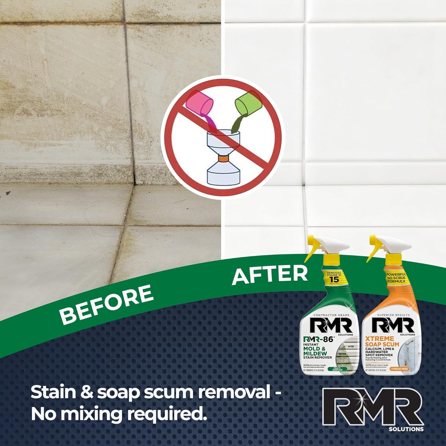 RMR Instant Mold & Mildew Stain Remover Spray + Xtreme Soap Scum Remover, No-Scrub Indoor/Outdoor Cleaning System for Bathroom, Shower, Siding, & Deck, 2–32 Oz Bottles
