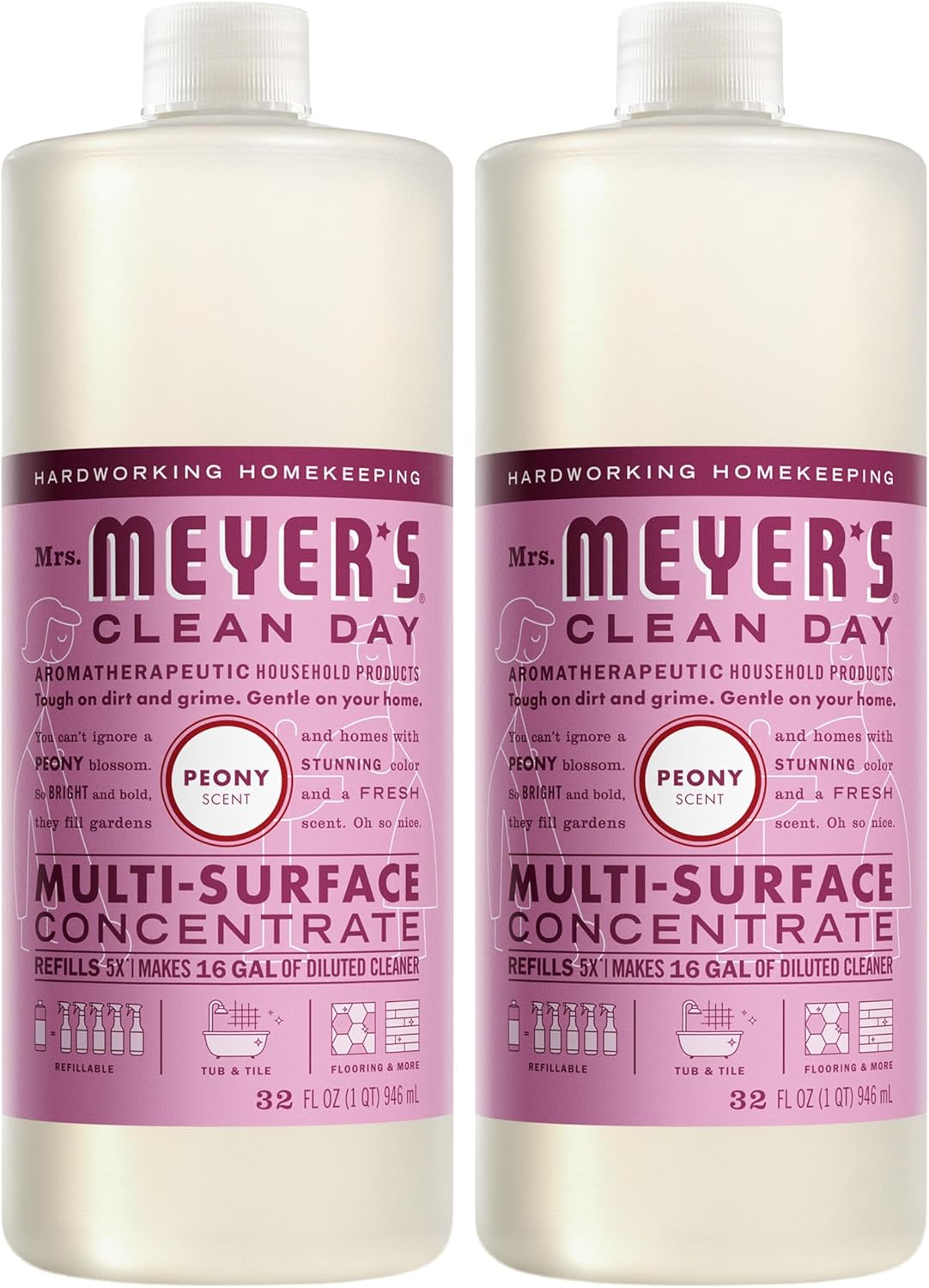 MRS. MEYER'S CLEAN DAY Multi-Surface Everyday Concentrate, Peony Scent, 32 Fl Oz Bottle - 2 Pack