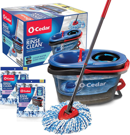O-Cedar RinseClean Spin Mop & Bucket System | Microfiber Floor Cleaning System | Includes 3 Mop Heads (1 Standard+ 2 Deep Clean Refills) | Machine Washable & Reusable