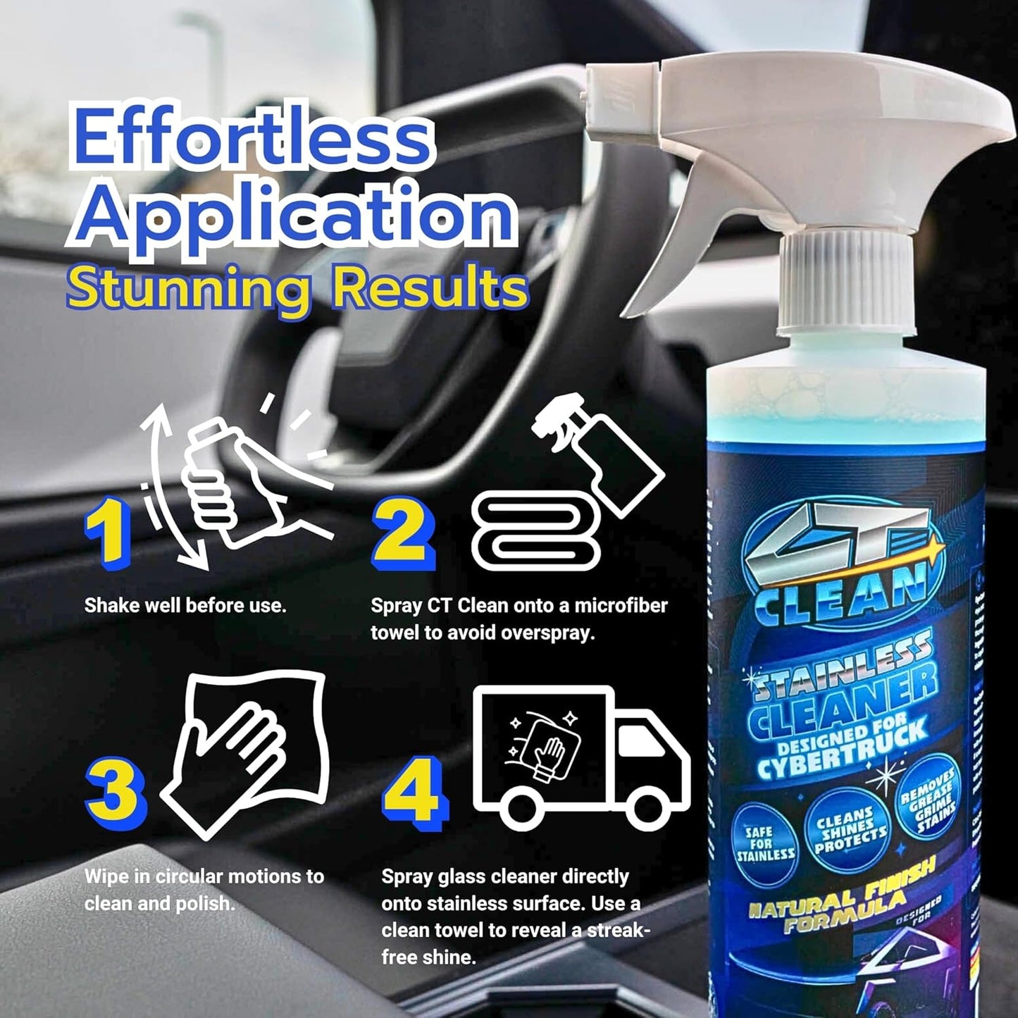 Natural Finish Waterless Stainless Steel Cleaner & Wash for Tesla Cybertruck – Eco-Friendly Spray, Removes Grease & Fingerprints, Matte Protection (16 Fl. Oz.)