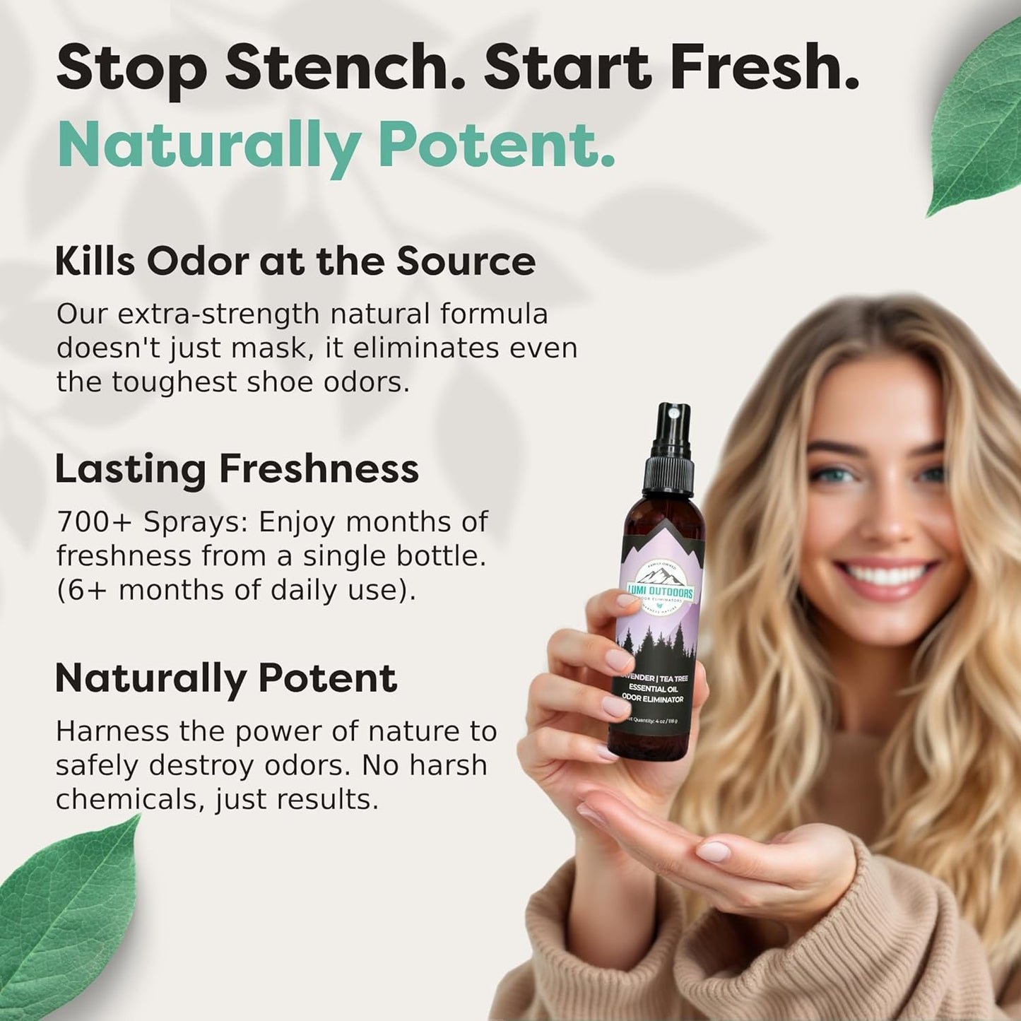 Lumi Outdoors Natural Shoe Deodorizer Spray (700+ Sprays) - Extra Strength Shoe Odor Eliminator for Smelly Shoes & Foot Odor - Replaces Shoe Balls & Inserts - Lemon Eucalyptus