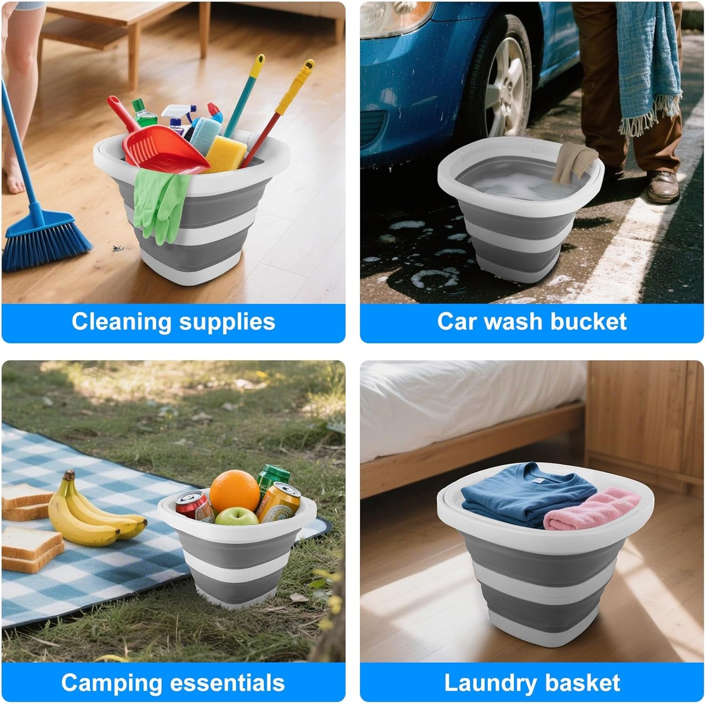 Collapsible Mop Bucket and Ice Bucket-5L(1.3 Gallon) Household Cleaning Silicone Dust Mops Bucket, Portable Bathroom Cleaning Supplies Square Bucket for Cleaning