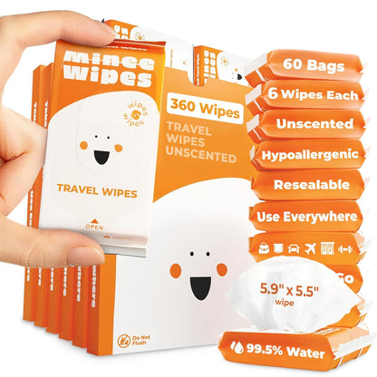 Impossibly Compact Travel Wipes - 99.5% Water - Safe for Sensitive Skin & Hypoallergenic, Resealable, Thick & Durable - For Adults, Kids & Baby Care - Unscented, 10 Pack Total 60 Wipes