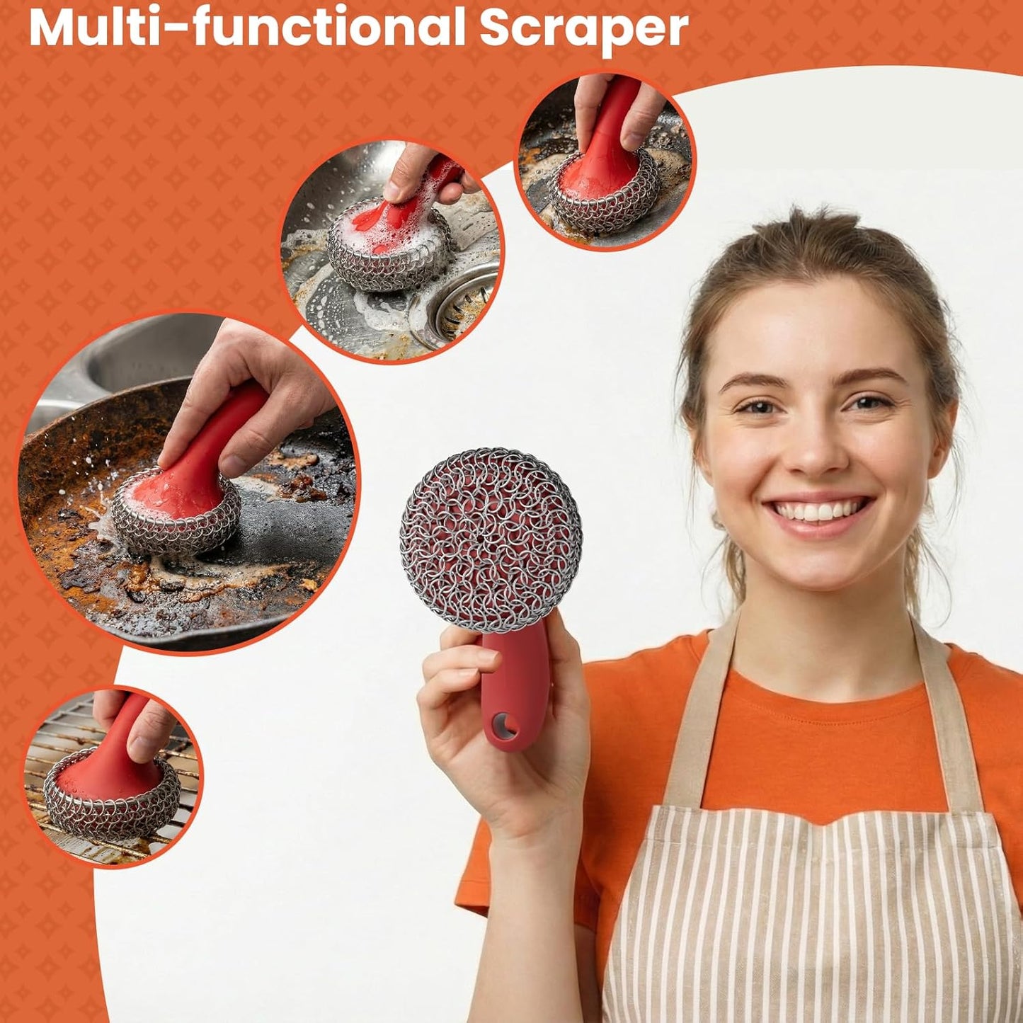 Cast Iron Scrubber with Long Handle | 316 Cast Iron Cleaner Chainmail Scrubber for Pan Skillet Cleaner - Dish Scouring Pad Dishwasher Safe Cleaning Kit (Blue, 1 Scrubber + 1 Scraper)