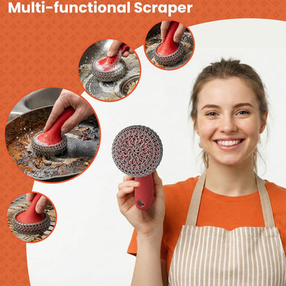 Cast Iron Scrubber with Long Handle | 316 Cast Iron Cleaner Chainmail Scrubber for Pan Skillet Cleaner - Dish Scouring Pad Dishwasher Safe Cleaning Kit (Blue, 1 Scrubber + 1 Scraper)