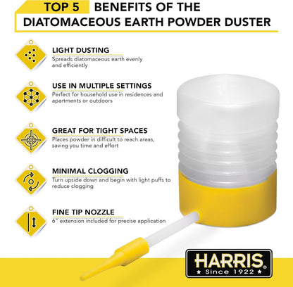 Harris Diatomaceous Earth Powder Duster with 6 Inch Extension Nozzle, for Easier Application of DE in Home & Outdoor Lawn and Garden Use
