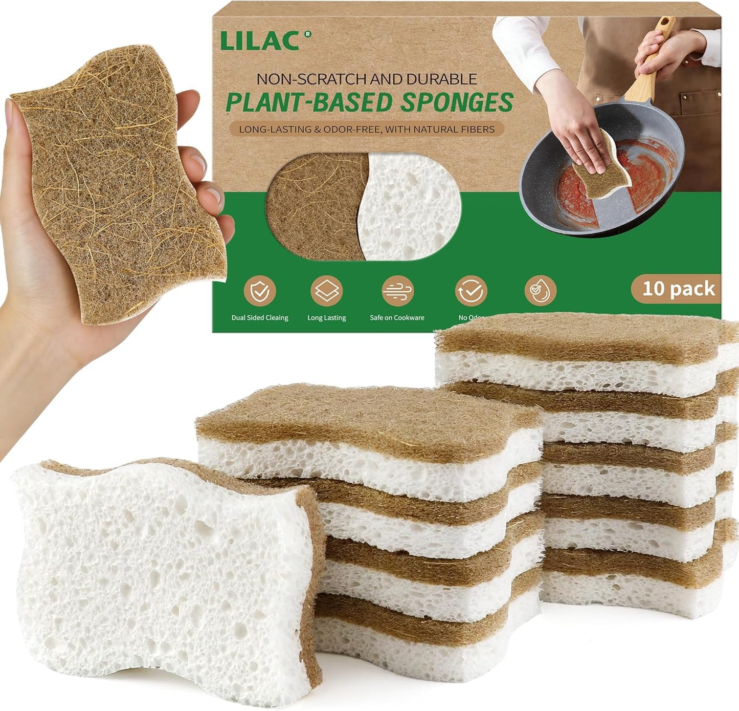 LILAC Natural Cellulose Sponges for Dishes - Ergonomic Non-Scratch Kitchen Scrub Sponges - 100% Biodegradable & Eco-Friendly Cleaning Sponges for Non-Stick Cookware, Bathroom & Household (10 Pack)