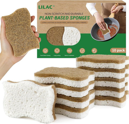 LILAC Natural Cellulose Sponges for Dishes - Ergonomic Non-Scratch Kitchen Scrub Sponges - 100% Biodegradable & Eco-Friendly Cleaning Sponges for Non-Stick Cookware, Bathroom & Household (10 Pack)