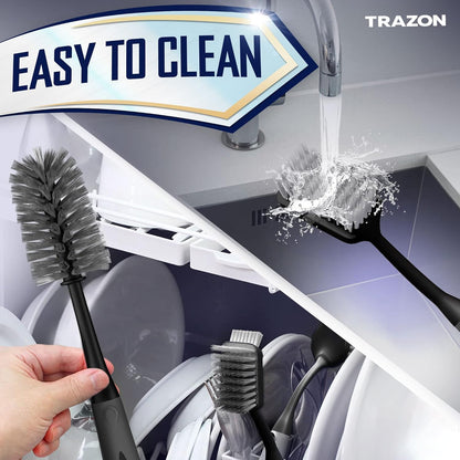Dish Brush Set of 5 with Holder - Kitchen Scrub Brushes with Non-Slip Long Handle for Cleaning, Scrubber, Dishwashing, Dishes, Bottles, Straws, Cups, Pots & Sink, Black