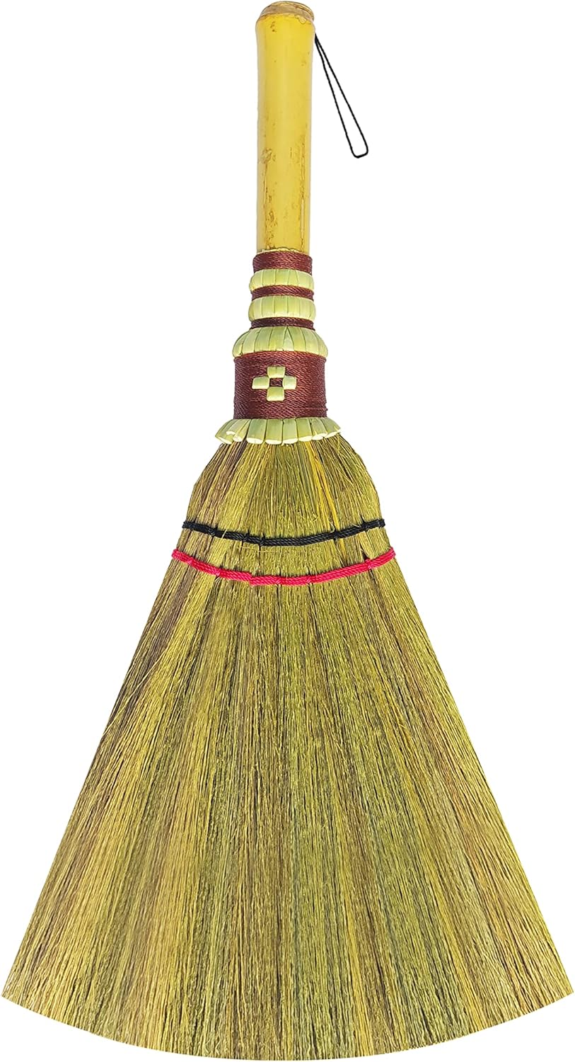 Handmade,Natural Grass Asian, Whisk Broom Thai, Handle Bamboo, Soft Brush Mini with Solid Wood Handle Retro Nature No Static Electricity Sweeping 13in