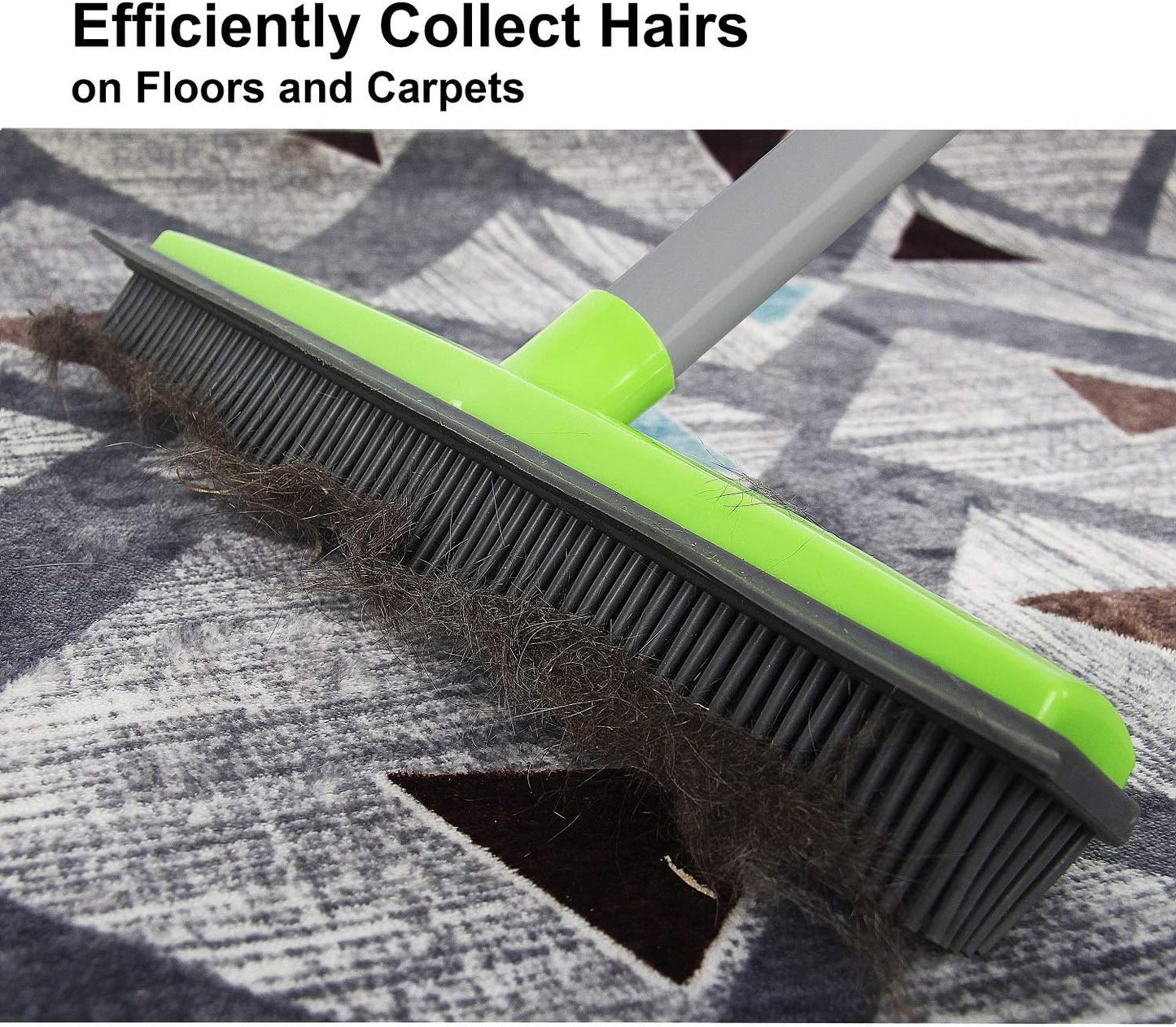 LandHope Carpet Rake for Pet Hair Remover Long Handle with Squeegee, Rubber Broom Carpet Brush Non Scratch Bristles Fur Remover Indoor Outdoor Push Broom for Cat Dog Hair Hardwood Tile Windows Clean