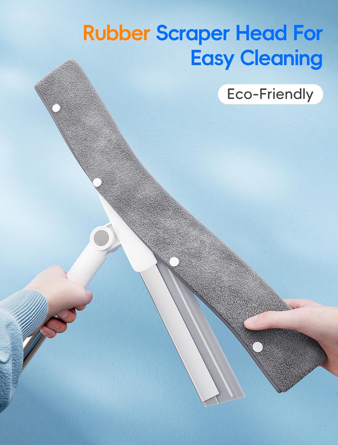 Floor Squeegee Broom with Long Handle, Heavy Duty Rubber Squeegee Kit with 2 Replacement Heads & 1 Cloth, Scrubber for Tile Floor, Garage, Concrete (3-in-1 Set)