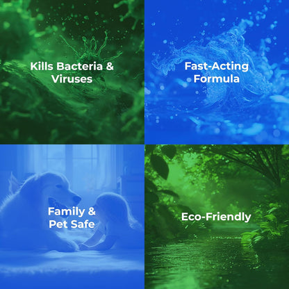 Safe & Effective Disinfectant. Kills Deadly Germs including RSV COVID-19 Norovirus MRSA Staph 2026 flu Bird flu Contains no toxic chemicals odorless child & pet safe 1 4oz spray bottle