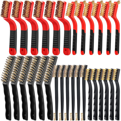 Sumind 30 Pcs Wire Cleaning Brush Set Nylon/ Stainless Steel/ Brass Metal Brush with Curved Handle Grip Paint Remover for Cleaning Rust Grout Cleaner (Nylon, Brass, Stainless Steel)