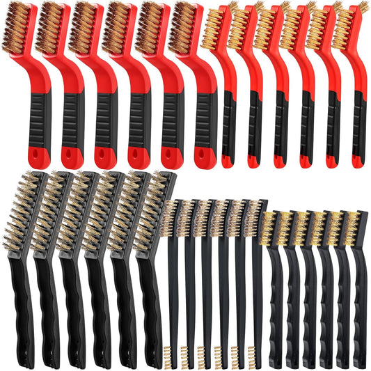 Sumind 30 Pcs Wire Cleaning Brush Set Nylon/ Stainless Steel/ Brass Metal Brush with Curved Handle Grip Paint Remover for Cleaning Rust Grout Cleaner (Nylon, Brass, Stainless Steel)