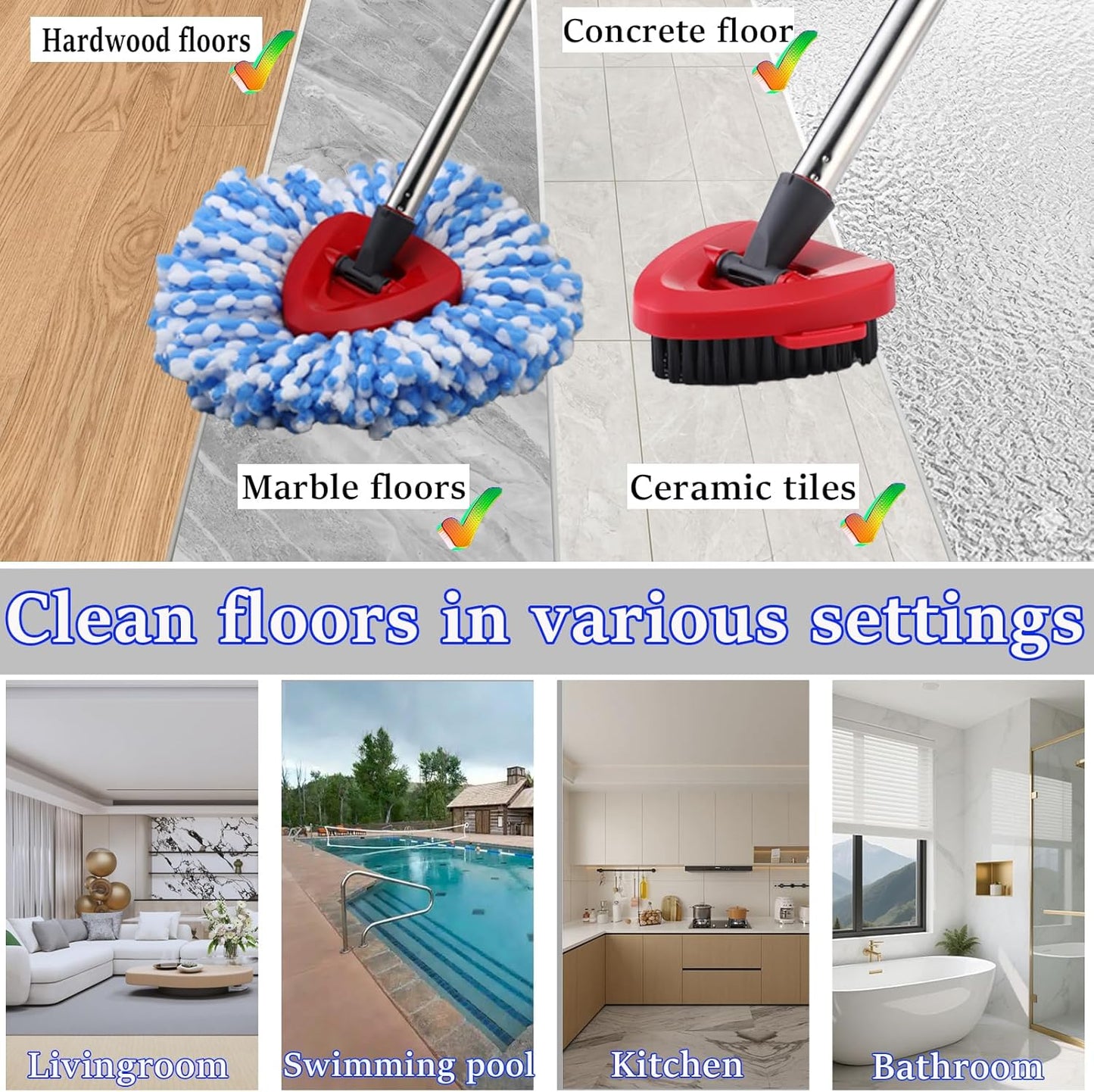 Mop Heads Replacement Handle for Ocedar RinseClean 2-Tank System, 2 Microfiber Mop Refills, 1 Mop Handle (30-58in Adjustable 4-Section Pole), 2 Scrub Brush, 1 Spin Base for O Cedar RinseClean