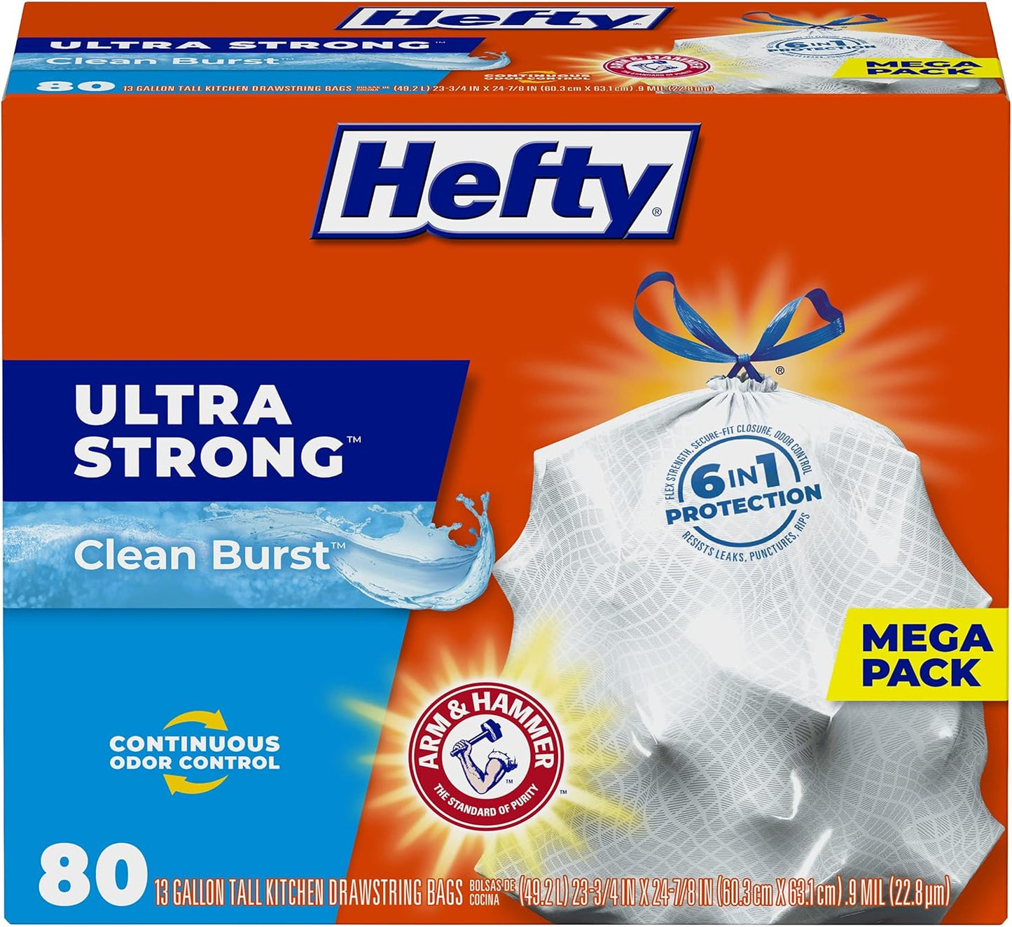 Hefty Ultra Strong 13-Gallon Trash Bags, Tall Kitchen, Drawstring Closure, Odor Control, White, Unscented, 40-Pack