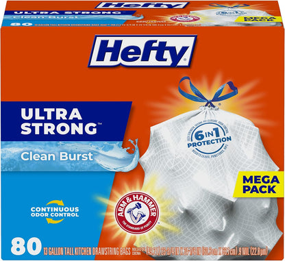 Hefty Ultra Strong 13-Gallon Trash Bags, Tall Kitchen, Drawstring Closure, Odor Control, White, Unscented, 40-Pack