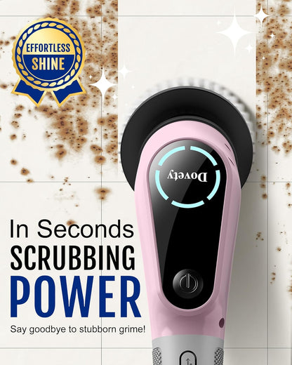 Dovety Electric Spin Scrubber, Shower Scrubber, Power Cleaner Tools with 8 Replaceable Brush Heads, Cleaning Brush with Extension Handle, 2 Adjustable Speeds, 90Mins Work Time for Home Bathtub-White