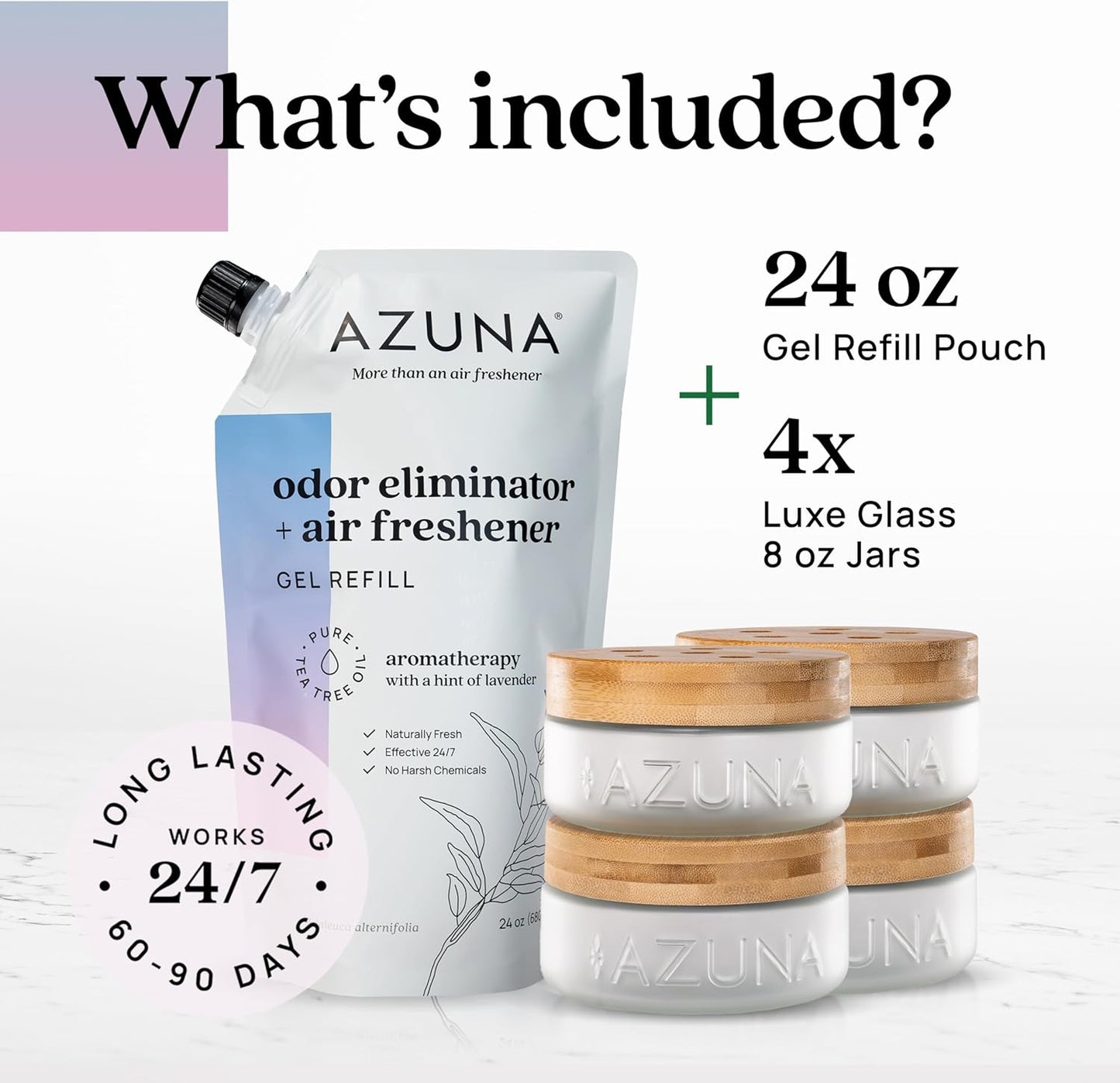 Azuna Air Freshener & Odor Eliminator for Strong Odor | 2 Room Kit Includes (2) 8 oz. Empty Luxe Glass Jars & 12 oz | Refill with Tea Tree Essential Oil Gel | Amalfi Breeze | Last 60-90 Days