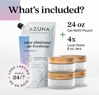 Azuna Air Freshener & Odor Eliminator for Strong Odor | 2 Room Kit Includes (2) 8 oz. Empty Luxe Glass Jars & 12 oz | Refill with Tea Tree Essential Oil Gel | Amalfi Breeze | Last 60-90 Days