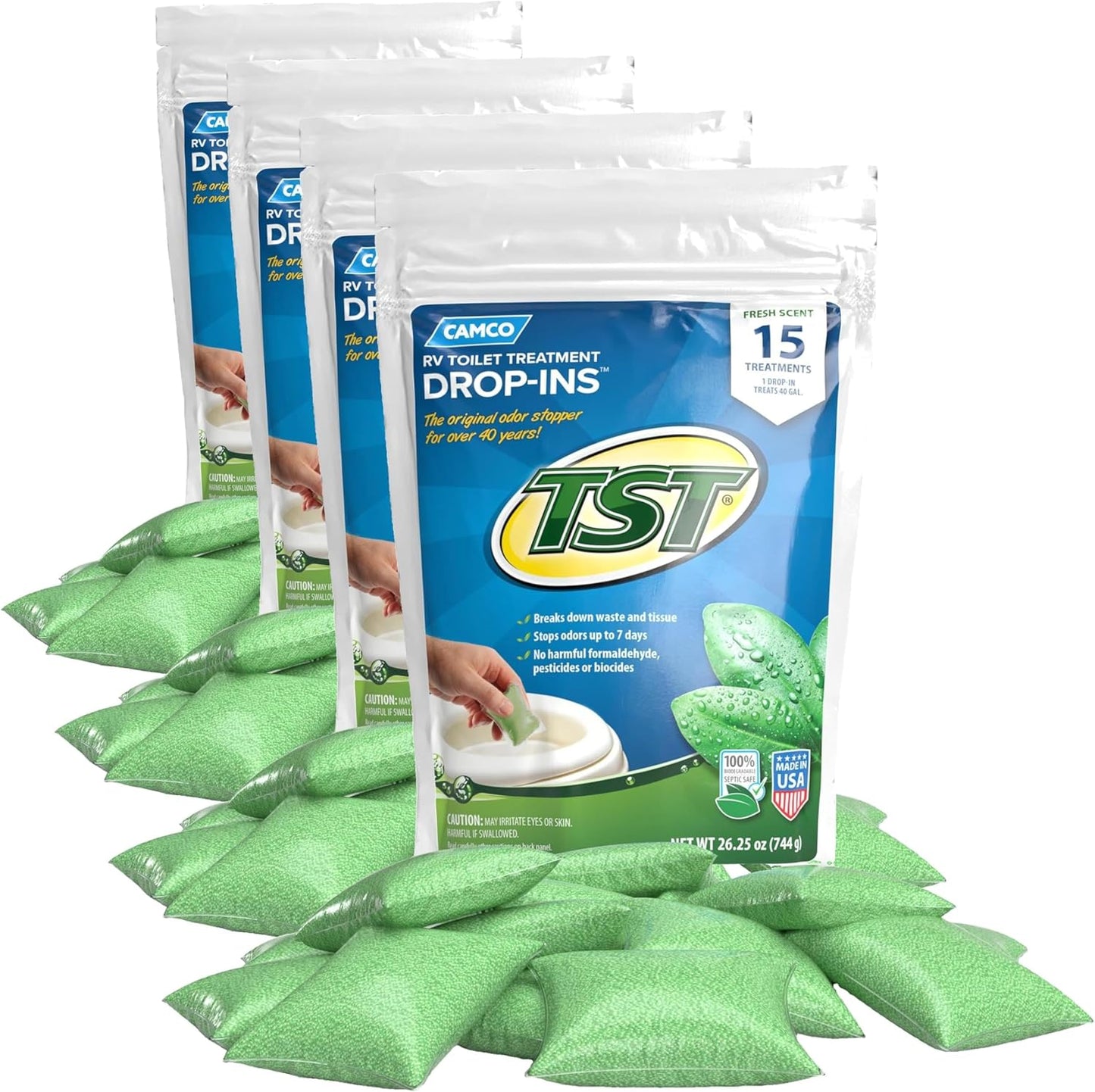 Camco TST MAX RV Toilet Treatment Drop-INs - Control Unwanted Odors & Break Down Waste and Tissue - Safe Septic Tank Treatment - Orange Scent, 30-Pack (41183)