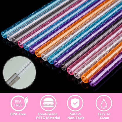 NiHome 12-Pack Glitter Replacement Straws for Stanley Tumbler 40OZ & 2 Cleaning Brushes Set, 12" Length BPA-Free Durable PETG Material for Various Beverages & Cups, Adds Sparkle to Your Drinks (Clear)
