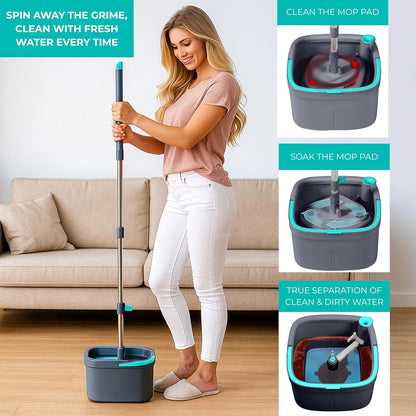 True & Tidy® True Clean Mop and Bucket System, Includes Square Spin, Dual Compartment Mop Bucket and 2 Thick Machine Washable Pads New Upgraded with Side Brush & Self Standing Handle, Rose