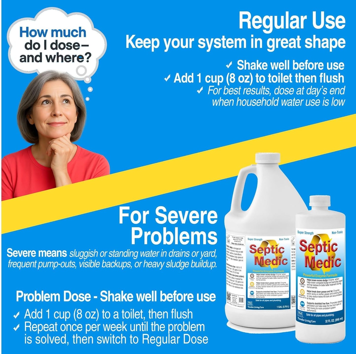 Septic Medic Septic Tank Treatment, Enzyme System Cleaner, Breakdown Sludge, Breakdown Grease and Fat, Supports Drainfield and Leach Field Free Flow, Backed by Science, 32 oz (1 Quart)