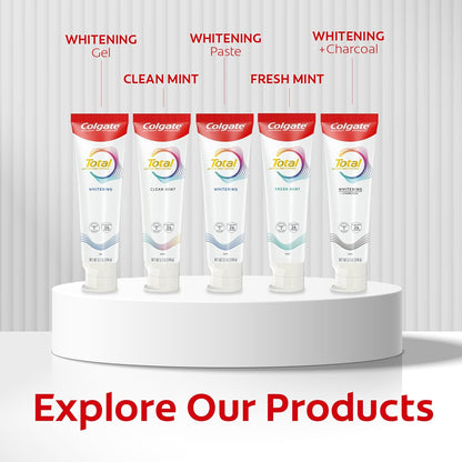 Colgate Total Whitening Toothpaste Paste, 5.1 oz, 4 Pack, Fluoride, Antibacterial, for Plaque, Gingivitis, Sensitivity, Stain Removal, Clinically Proven, Mint, Teeth Whitening, Stannous Fluoride