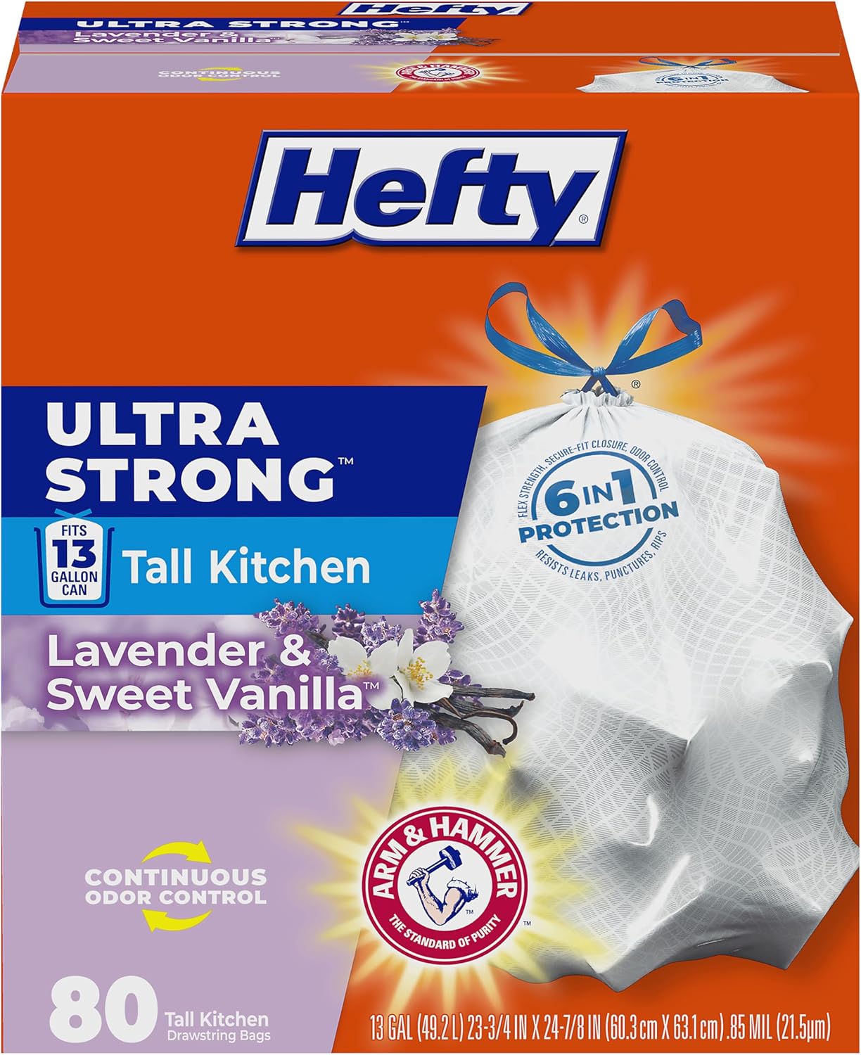 Hefty Ultra Strong 13 Gallon Trash Bags, Tall Kitchen Trash Bags 13 Gallon Size, Drawstring Closure, Continuous Odor Control, White, Lavender and Sweet Vanilla Scent, 110 Bags