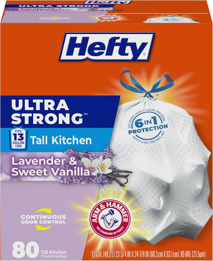 Hefty Ultra Strong 13 Gallon Trash Bags, Tall Kitchen Trash Bags 13 Gallon Size, Drawstring Closure, Continuous Odor Control, White, Lavender and Sweet Vanilla Scent, 110 Bags