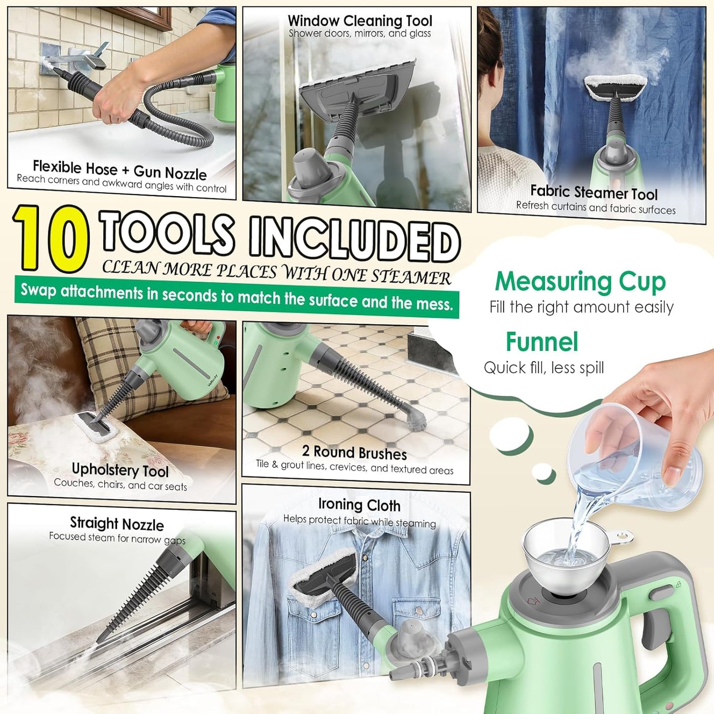 Steam Cleaner for Bathroom & Kitchen, Handheld High Temp Steam Cleaner with Safety Lock, Chemical-Free Steamer for Deep Cleaning Tile, Grout, Shower, Stove & Sink, 10 Accessories for Home, Couch & Car