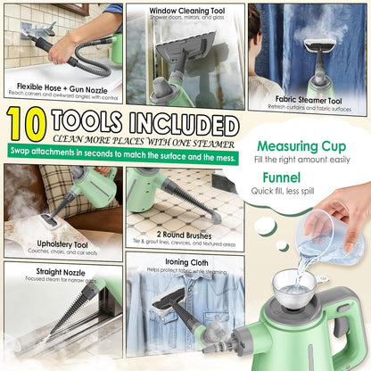 Steam Cleaner for Bathroom & Kitchen, Handheld High Temp Steam Cleaner with Safety Lock, Chemical-Free Steamer for Deep Cleaning Tile, Grout, Shower, Stove & Sink, 10 Accessories for Home, Couch & Car