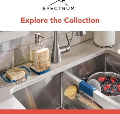 Spectrum Sink Saddle for Kitchen Sink Warm Gray Clear Sponge and Brush Holder Organizer, Dish Brush and Sponges Plastic Saddle Caddy for Double Sink Storage with Drain Holes for Quick Drying
