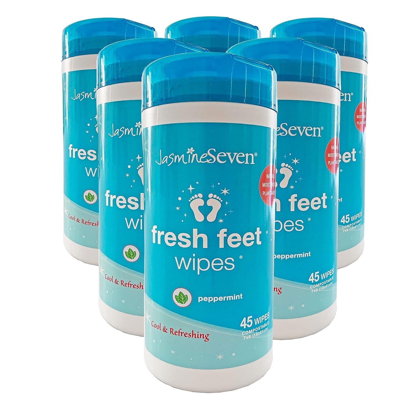 Jasmine Seven Fresh Feet Wipes - Peppermint - 45 Count Resealable Canister (Natural Foot and Body Wet Wipes)
