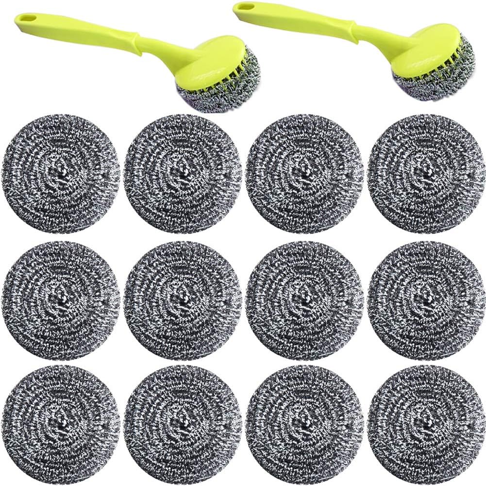 18 PCS Stainless Steel Sponges Scrubbers Cleaning Ball Utensil Scrubber Metal Scrubber Scouring Pads Ball for Pot Pan Dish Wash Cleaning for Removing Rust Dirty Cookware Cleaner with Handle (18 Pack)
