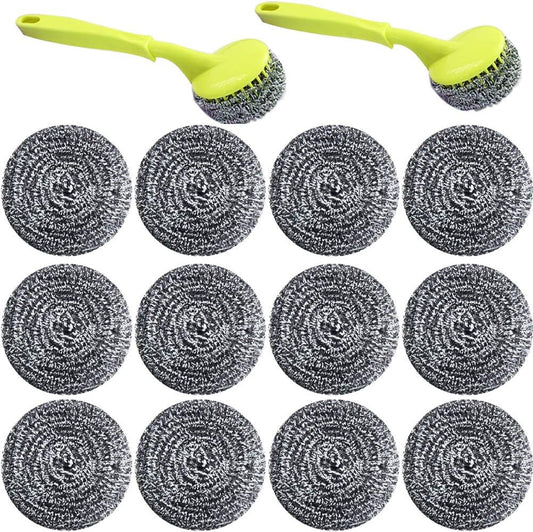 18 PCS Stainless Steel Sponges Scrubbers Cleaning Ball Utensil Scrubber Metal Scrubber Scouring Pads Ball for Pot Pan Dish Wash Cleaning for Removing Rust Dirty Cookware Cleaner with Handle (18 Pack)