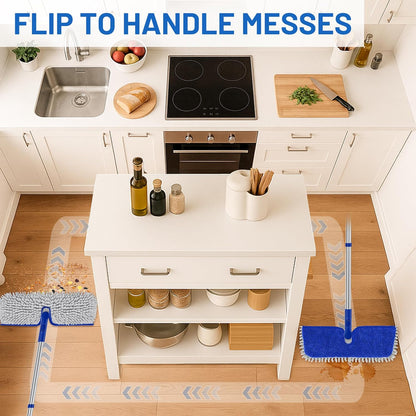 2-Sided Microfiber Dust Mop: Dry Flat Wall Mop for Hardwood Floors with 3 Reusable Pads Reversible Head for Apartment Kitchen Tile Laminate Pet Hair Cleaning