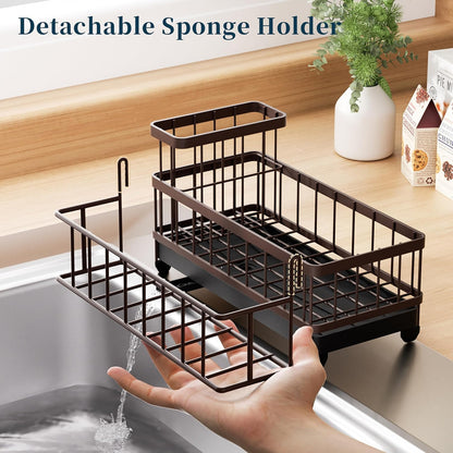 Consumest Sponge Holder for Kitchen Sink - Auto Draining Sink Caddy Organizer with Detachable Rack, High Brush Holder, Kitchen Countertop Storage Accessories, Black