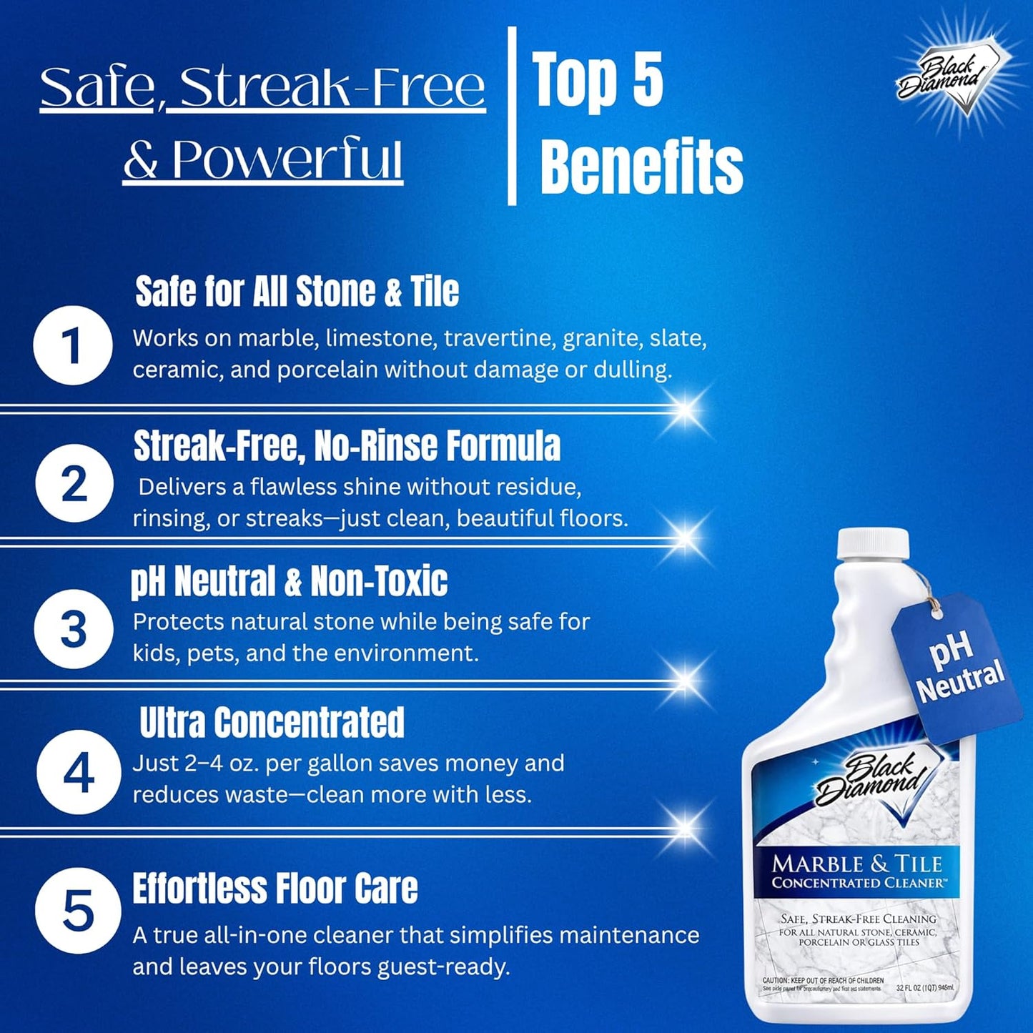 Black Diamond Stoneworks Marble & Tile Floor Cleaner Concentrate, pH Neutral, Streak-Free & No-Rinse Formula for Granite, Travertine, Limestone, Slate, Ceramic & Porcelain Floors (1 Quart)