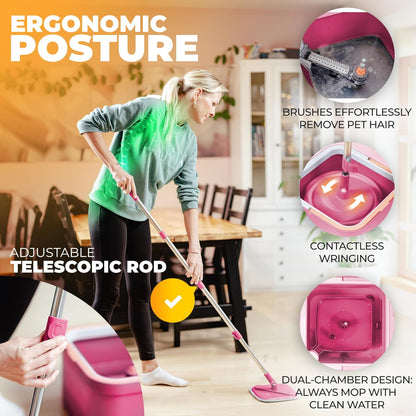 Spin Mop and Bucket Set with Wringer – Dual-Chamber Self Wringing Mop, Flat Microfiber Mop for Hardwood, Tile & Vinyl Floors, 2 Washable Replacement Heads, 63" Handle, Pink